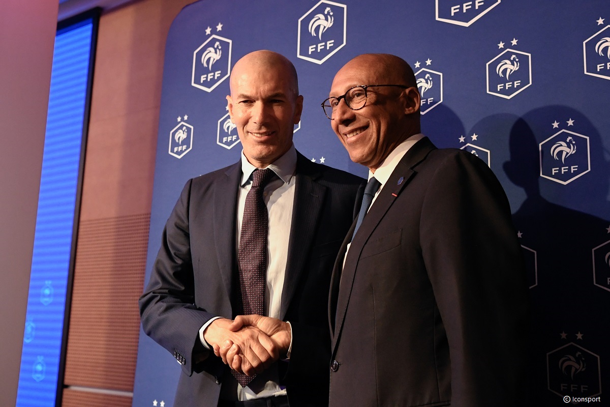 Headcoach of France Zinedine ZIDANE and Philippe DIALLO president of Football French Federation   during the press conference  of the new National Coach of France at Siege de la FFF on July 28, 2026 in Paris, France. (Photo by Ewen Gavet/Icon Sport)  - Photo by Icon Sport